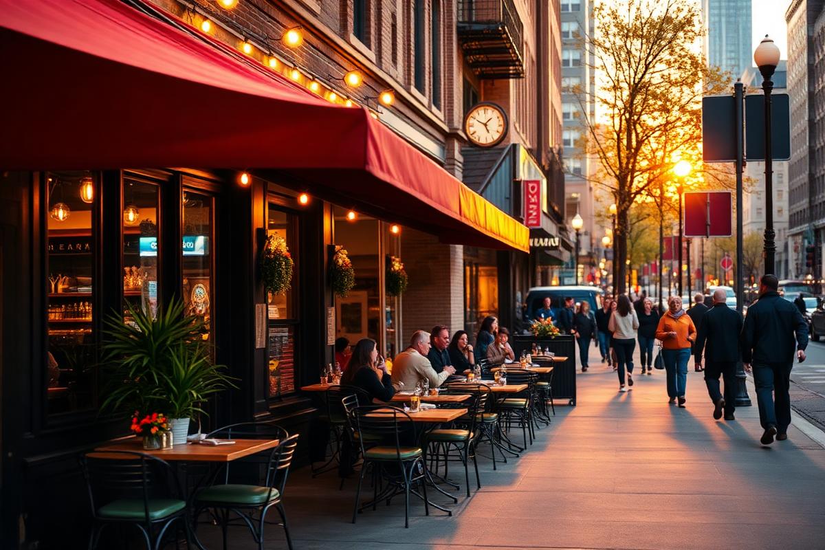 Chicago West Loop restaurant street scene with outdoor patio dining at golden hour