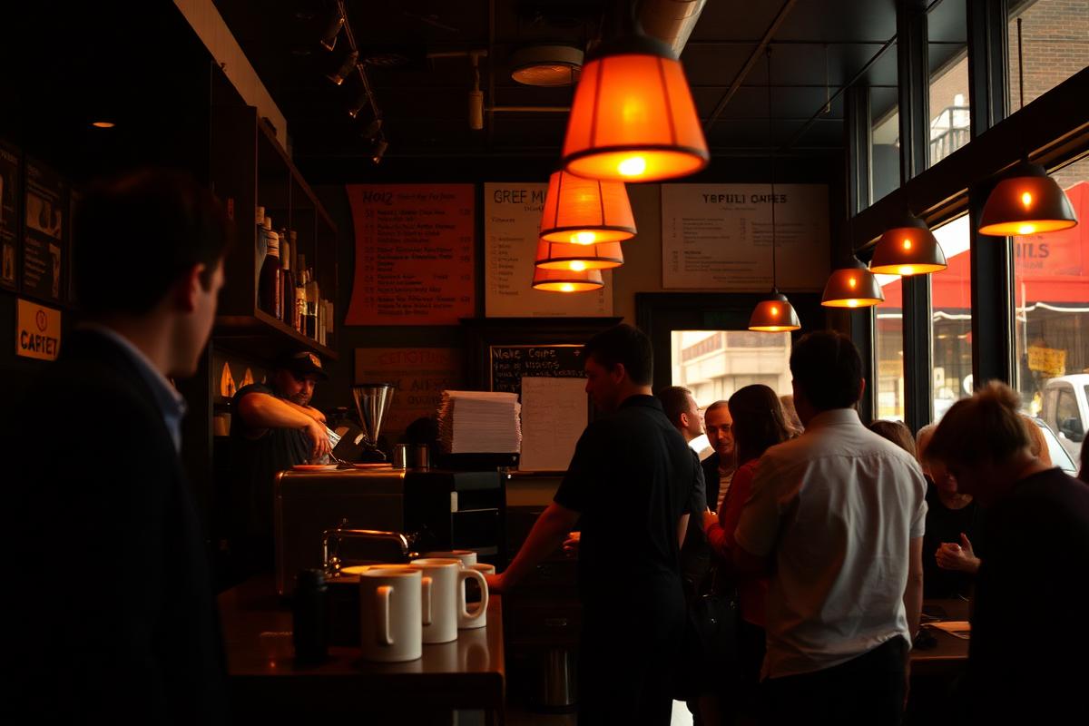 Busy Chicago café interior with barista serving customers
