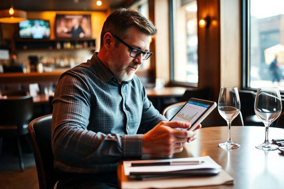 Restaurant owner reviewing digital marketing analytics on a tablet