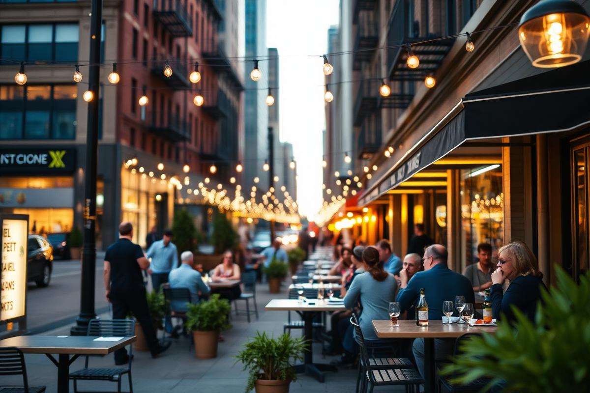 Sidewalk patio dining under string lights on a Chicago street